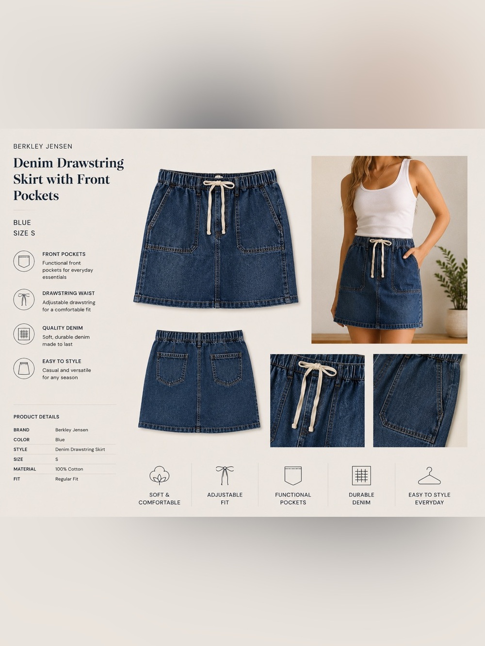 Berkley Jensen Denim Drawstring Skirt with Front Pockets - Blue Size S